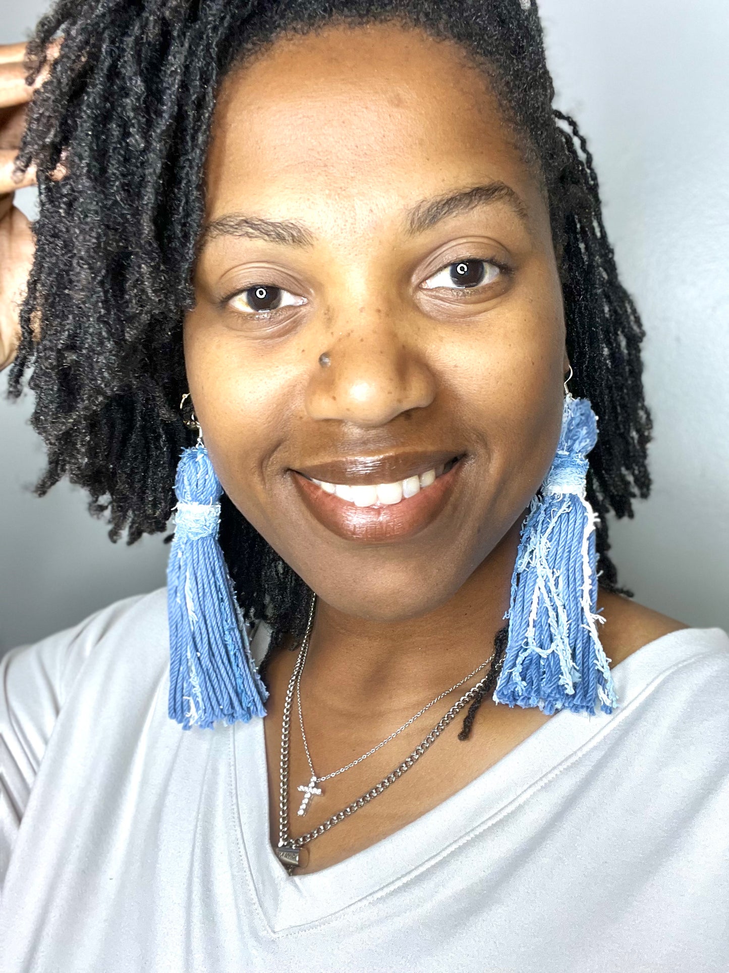 Denim Blues Fuzzy Tassel Earrings