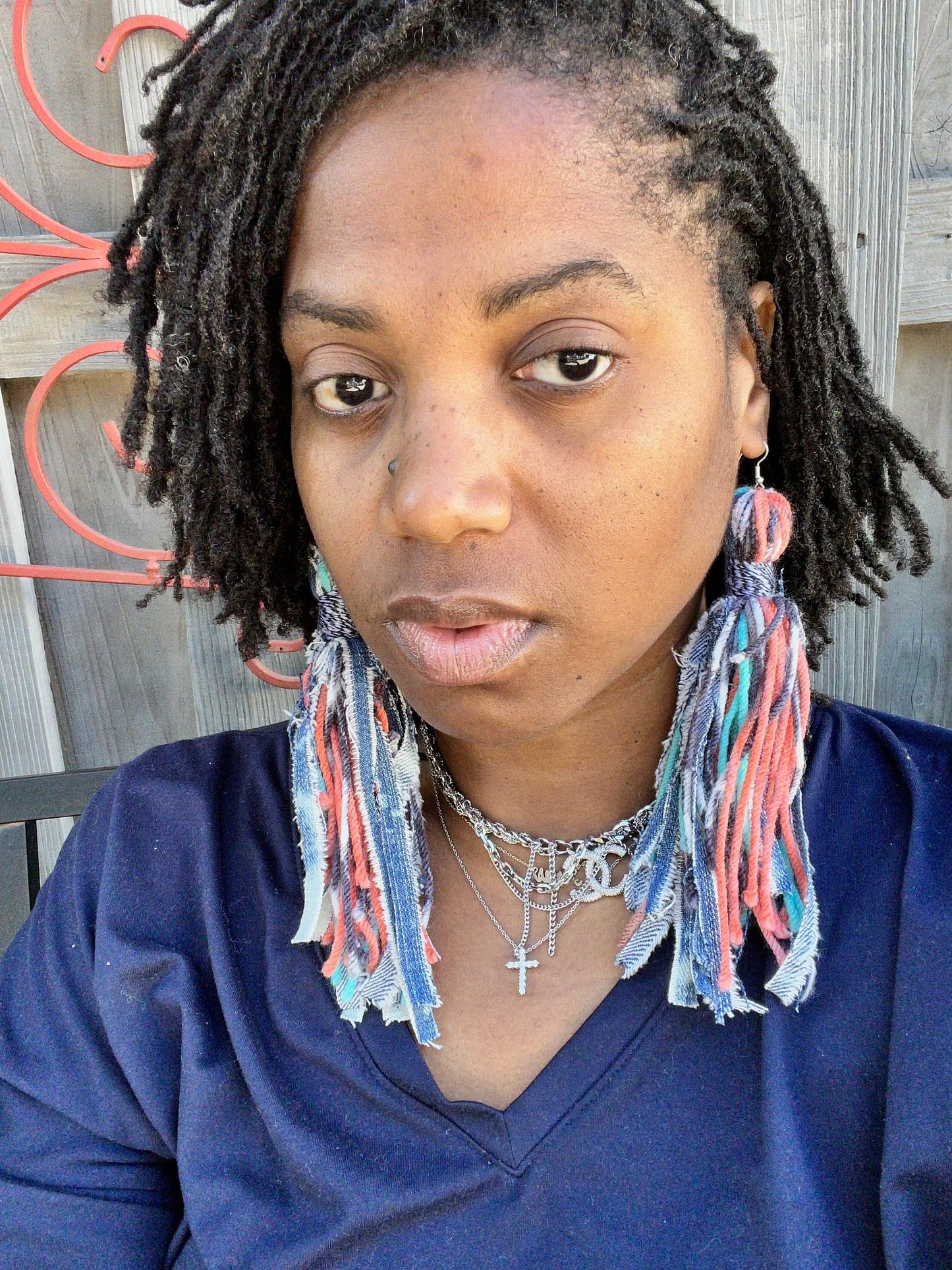 DENIM SHABBY CHIC TASSEL EARRINGS | ORANGE