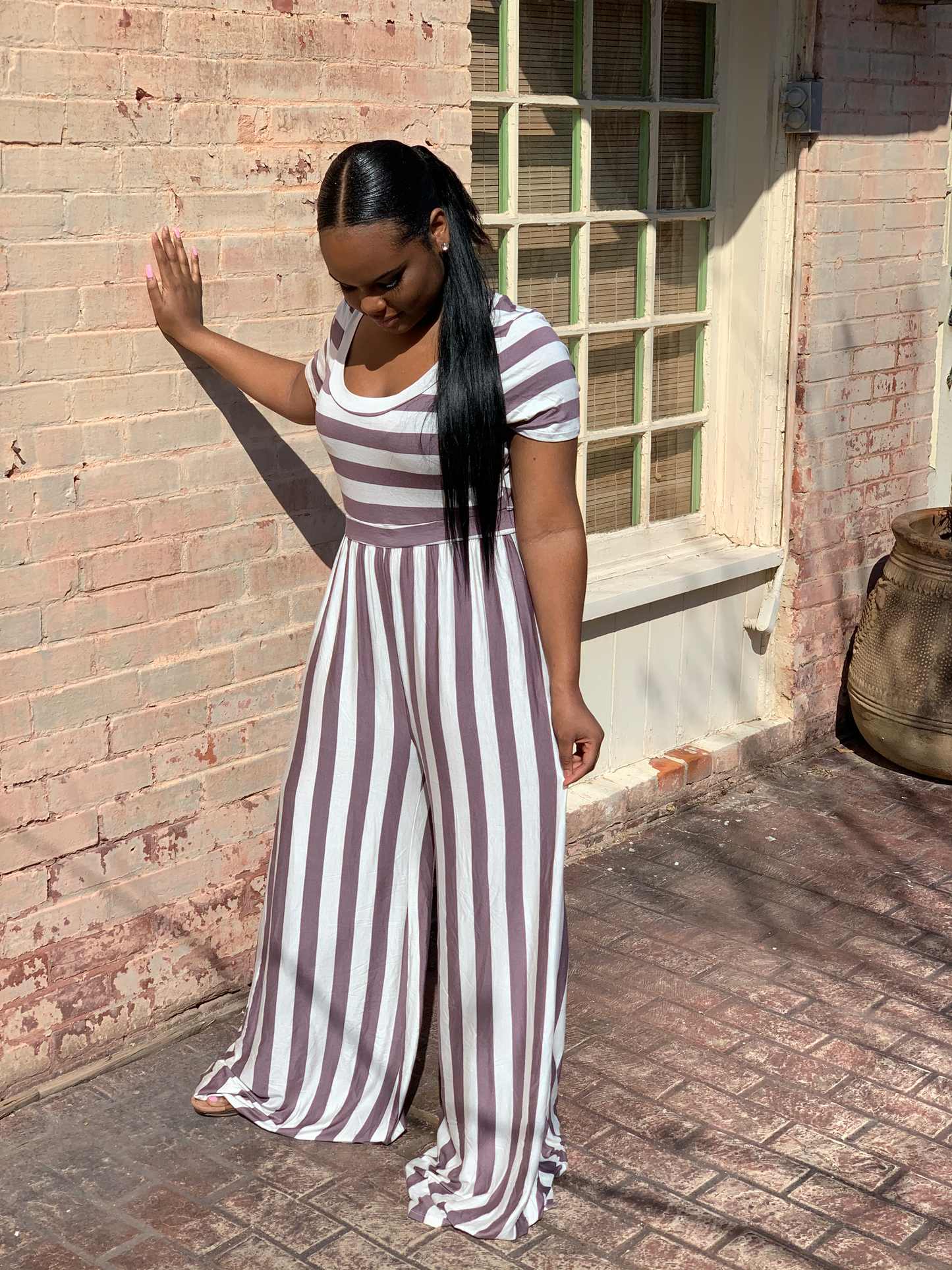 Wide-Leg Striped Jumpsuit | Grey