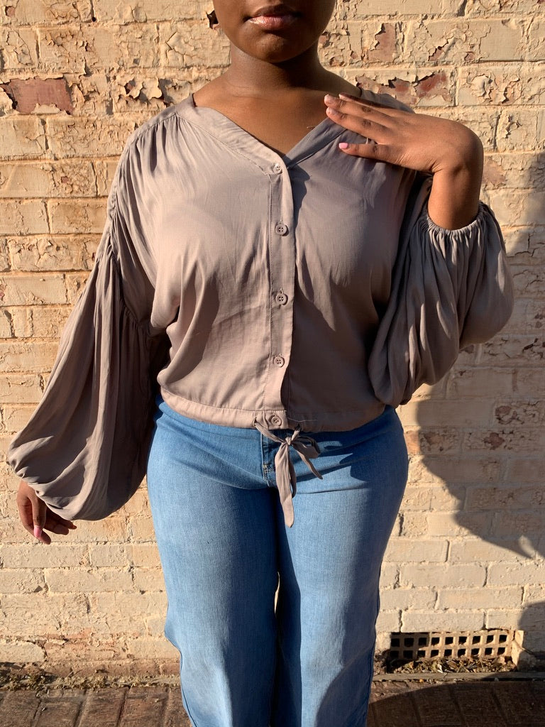 Bubble Sleeve Drawstring Top | Gray