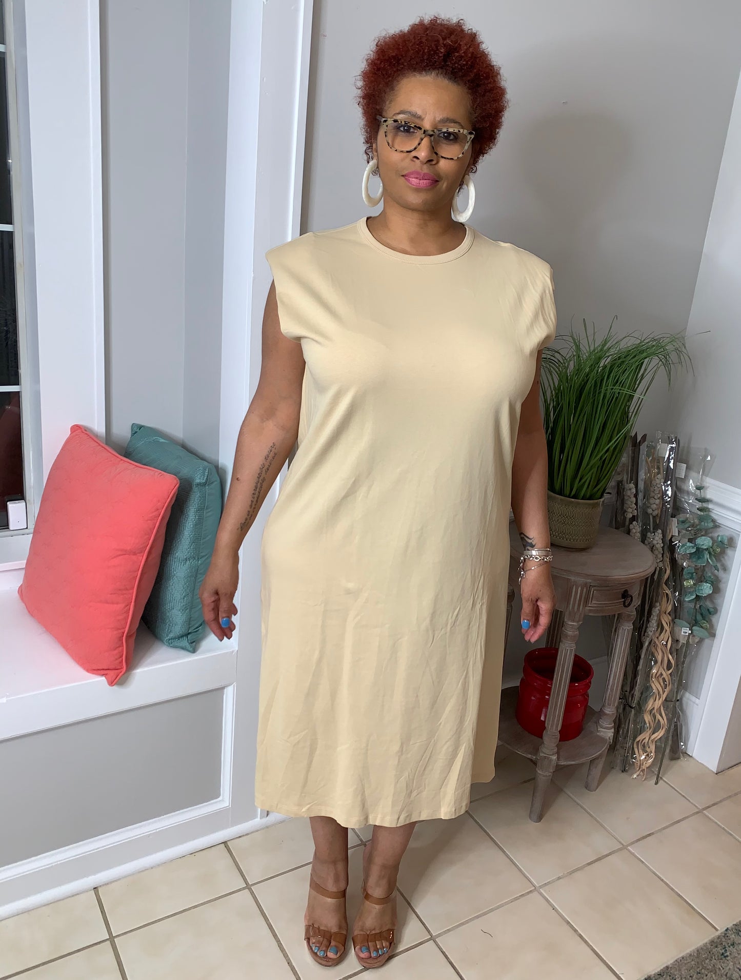 Shoulder Pad Tee Dress l Khaki