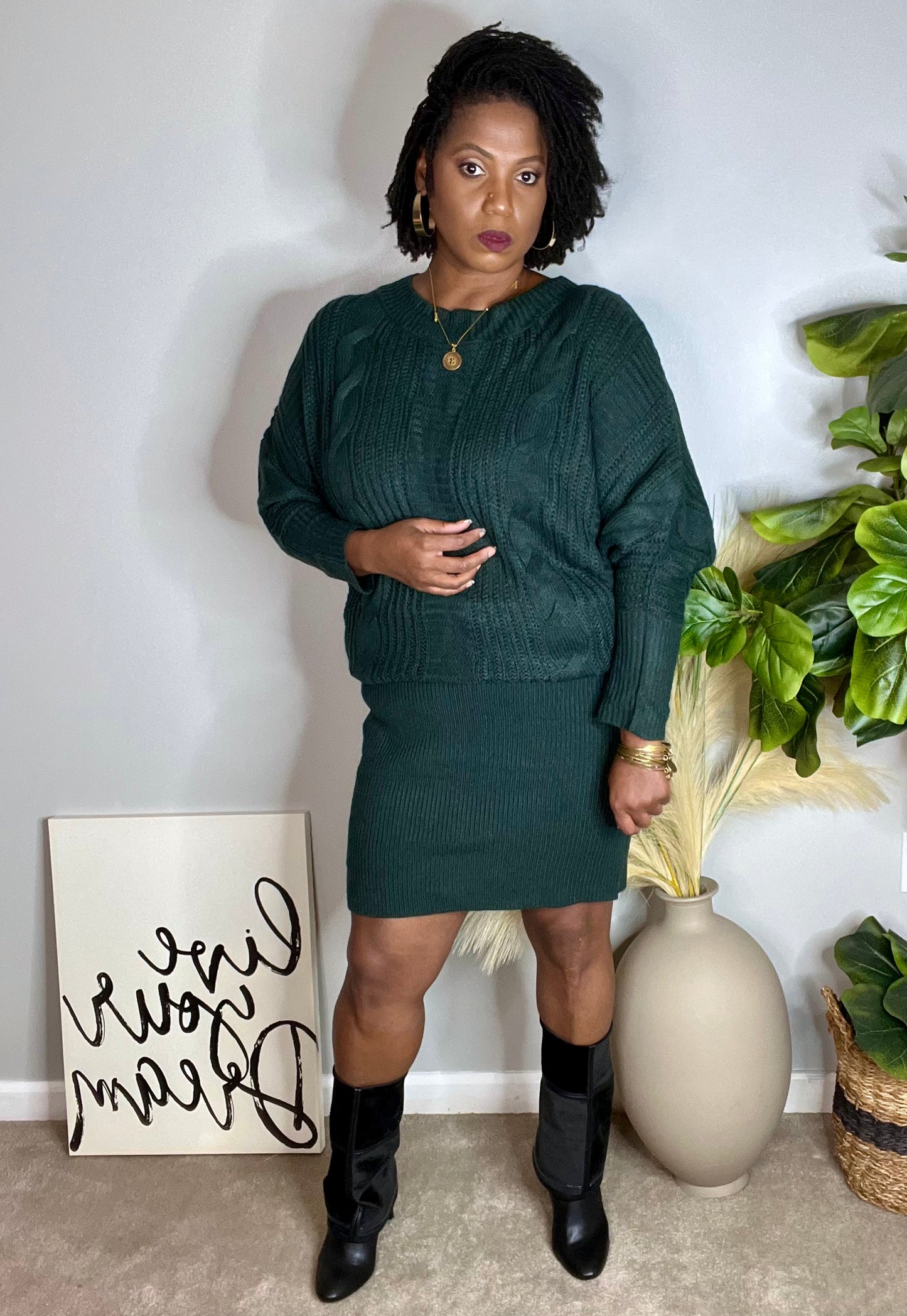 FEELING GREEN DOLMAN SWEATER DRESS | DARK GREEN