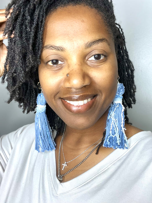 Denim Blues Fuzzy Tassel Earrings