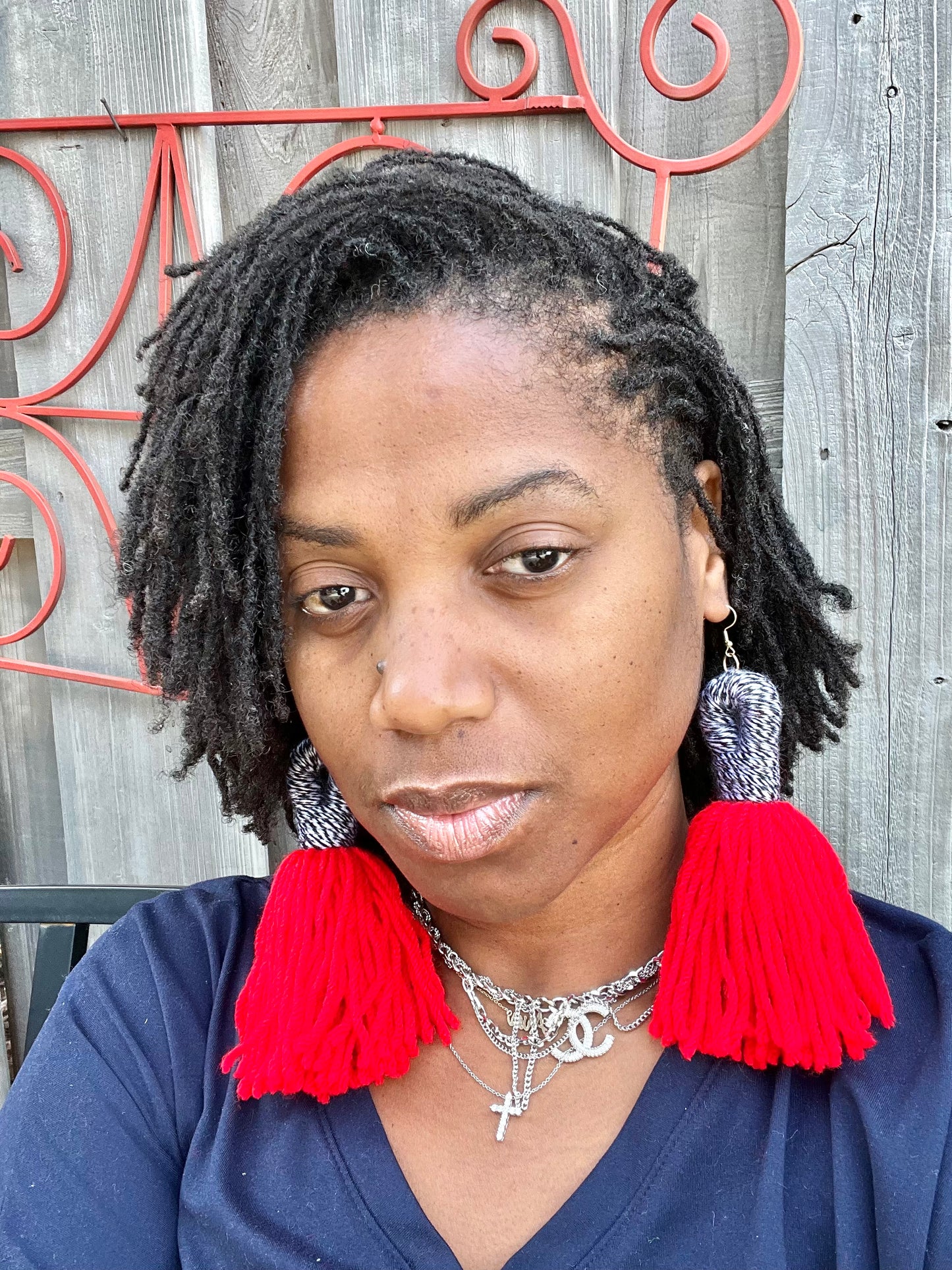 RED WHITE N BLACK LOOP TASSEL EARRINGS