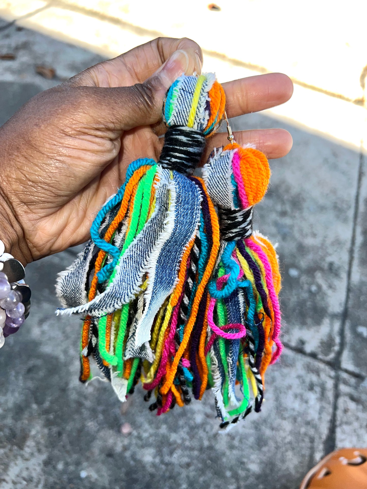 DENIM SHABBY CHIC TASSEL EARRINGS | NEON