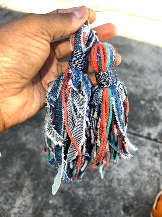DENIM SHABBY CHIC TASSEL EARRINGS | ORANGE