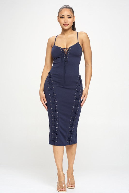 LACED UP MIDI DRESS | NAVY