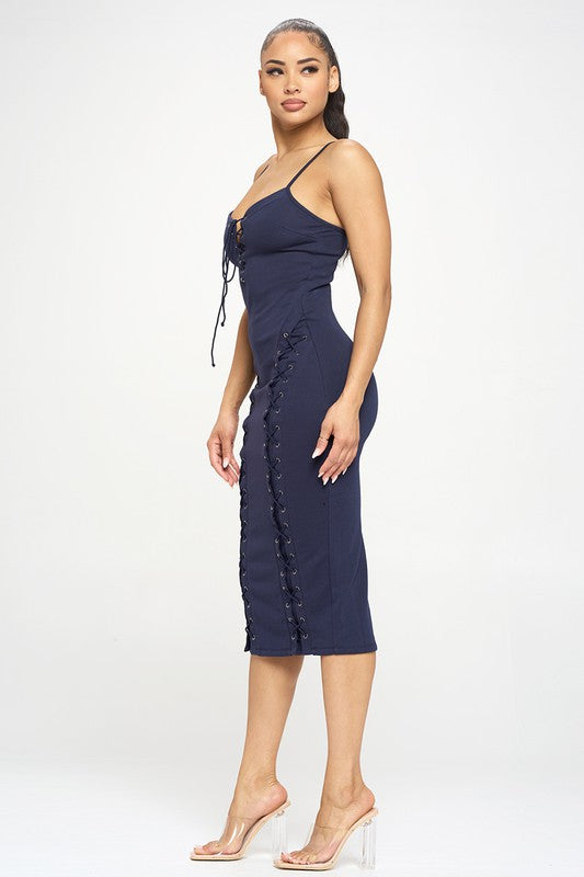 LACED UP MIDI DRESS | NAVY