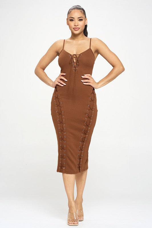 LACED UP MIDI DRESS | BROWN