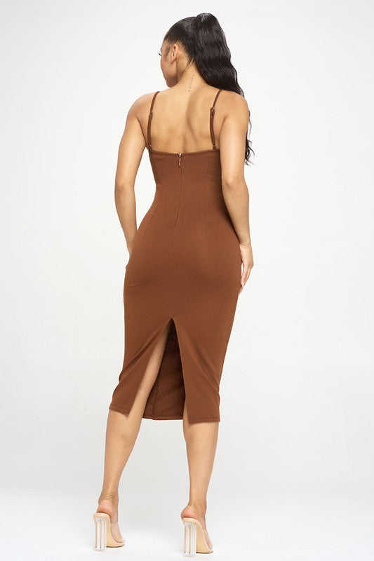 LACED UP MIDI DRESS | BROWN