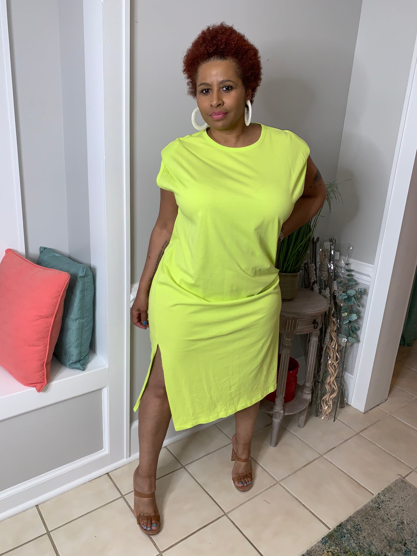 Shoulder Pad Tee Dress l Highlighter Yellow